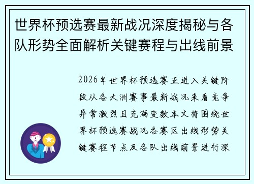 世界杯预选赛最新战况深度揭秘与各队形势全面解析关键赛程与出线前景研判 世界杯预选赛最新战况深度揭秘与各队形势全面解析关键赛程与出线前景研判